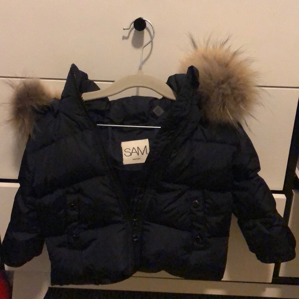 Navy blue Down coat with fur collar 18-24 mths